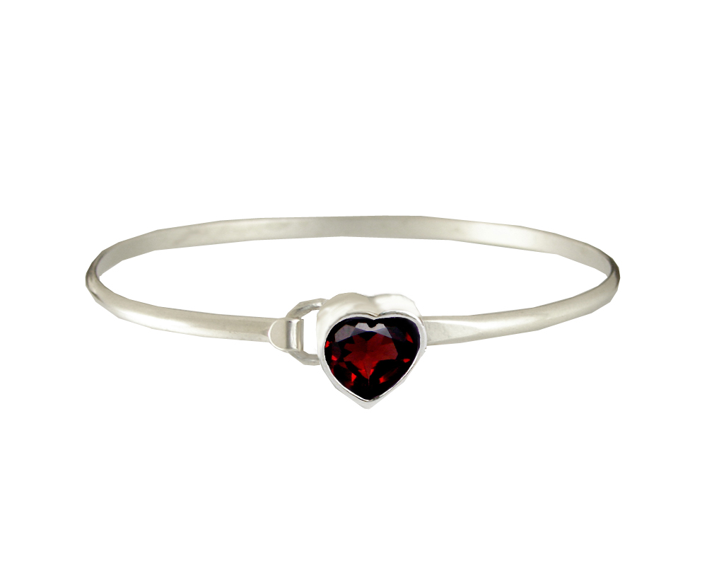 Sterling Silver From the Heart Strap Latch Spring Hook Bangle Bracelet With Garnet